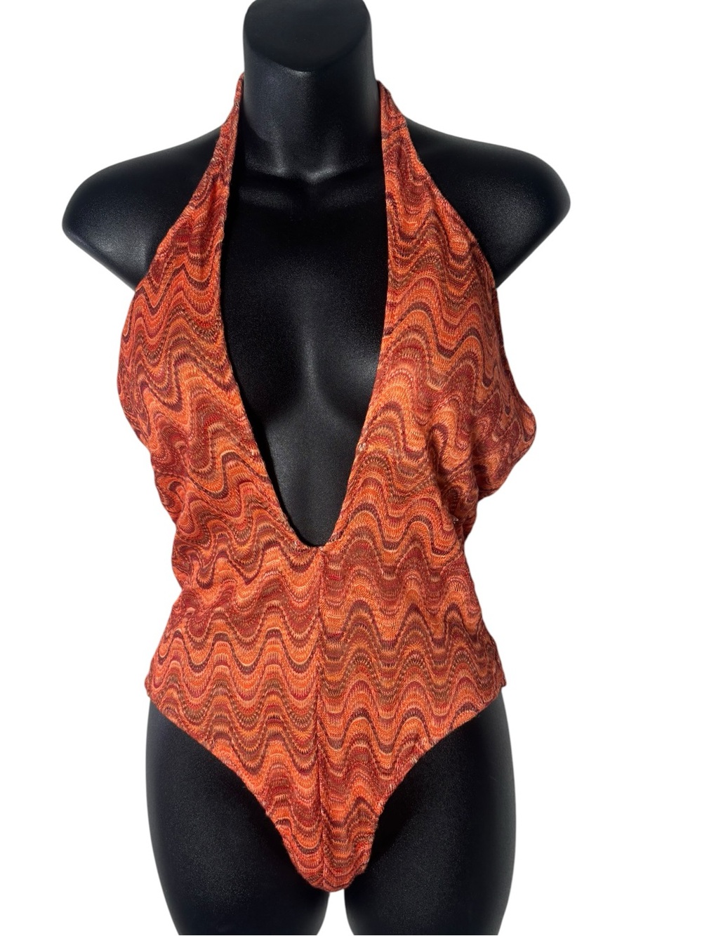 Zara women’s wave print‎ halter swimsuit knit plunge front open back new